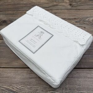Rachel Ashwell Embroidered Eyelet Hem QUEEN Sheet Set White 100% Cotton NEW